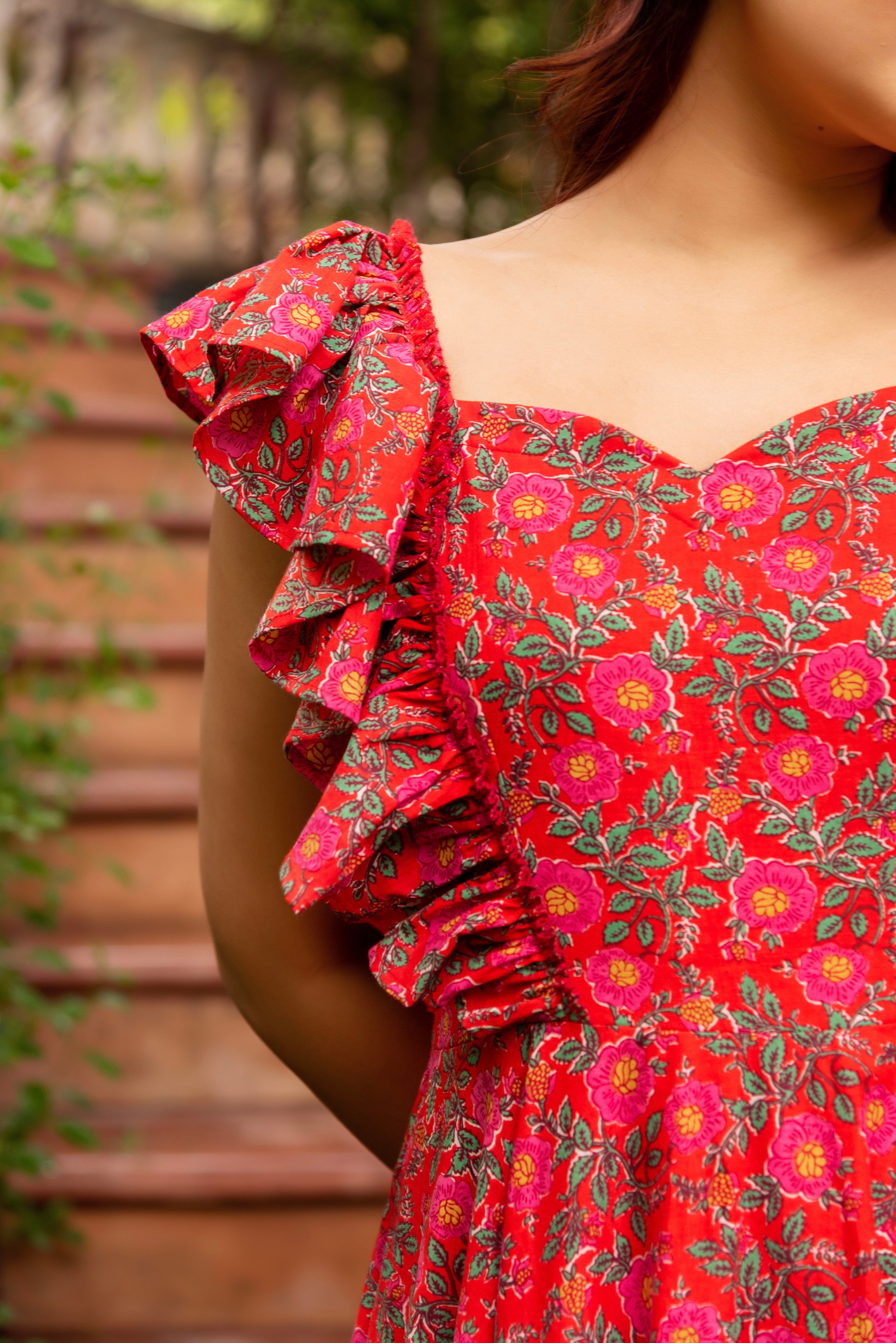Pomcha Jaipur Gaurangi Red Inaya Cotton Printed Dress