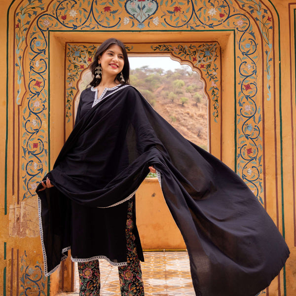 Pomcha Jaipur Gaurangi Black Printed Pants Cotton Suit Set - Distacart