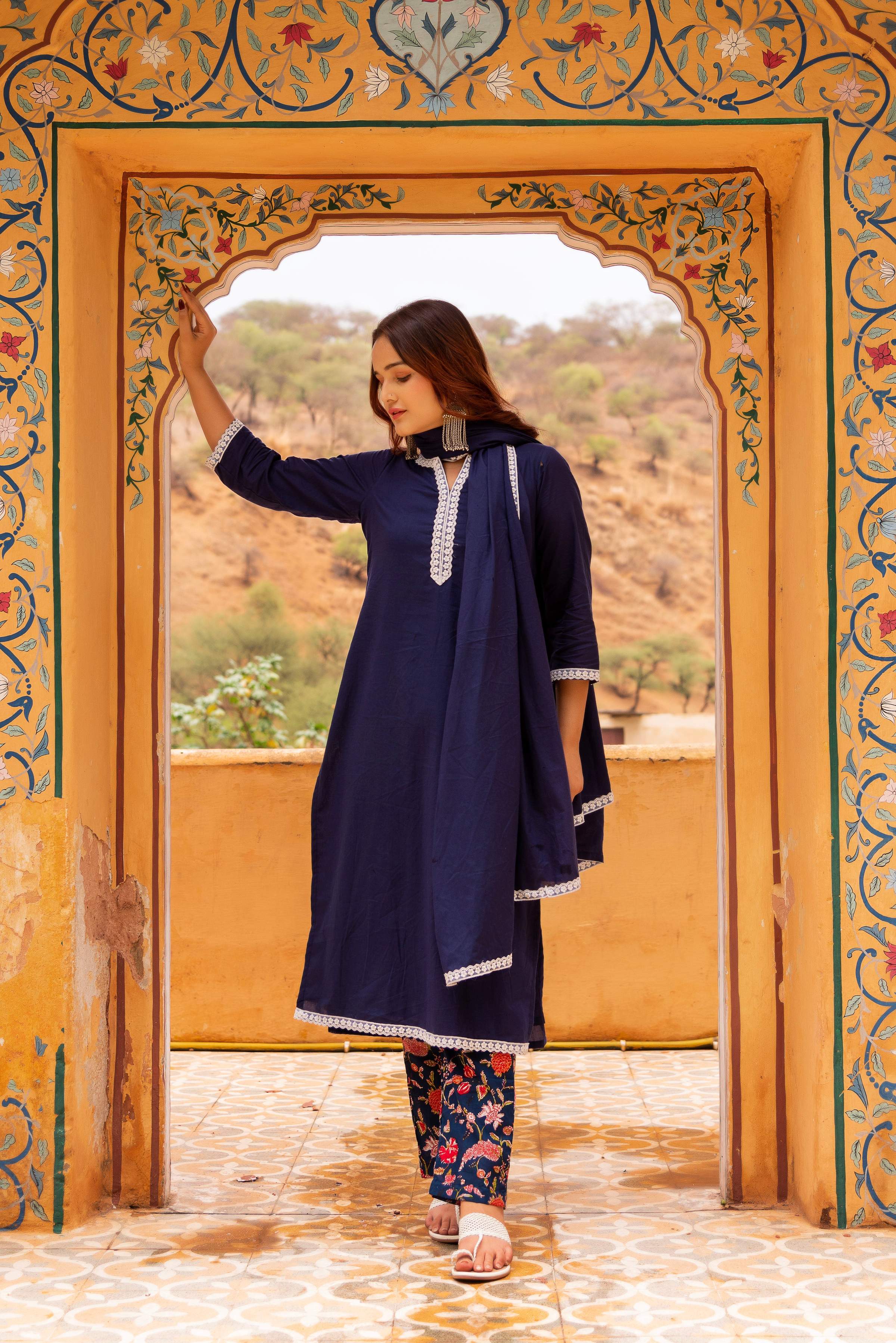 Pomcha Jaipur Gaurangi Royal Blue Printed Pants Cotton Suit Set - Distacart