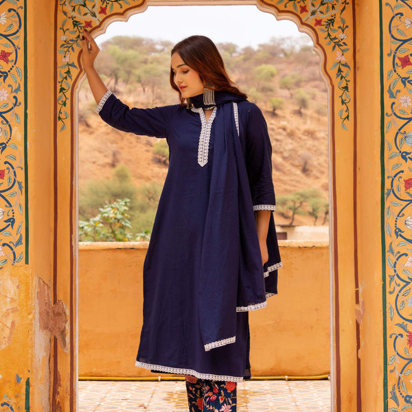 Pomcha Jaipur Gaurangi Royal Blue Printed Pants Cotton Suit Set - Distacart