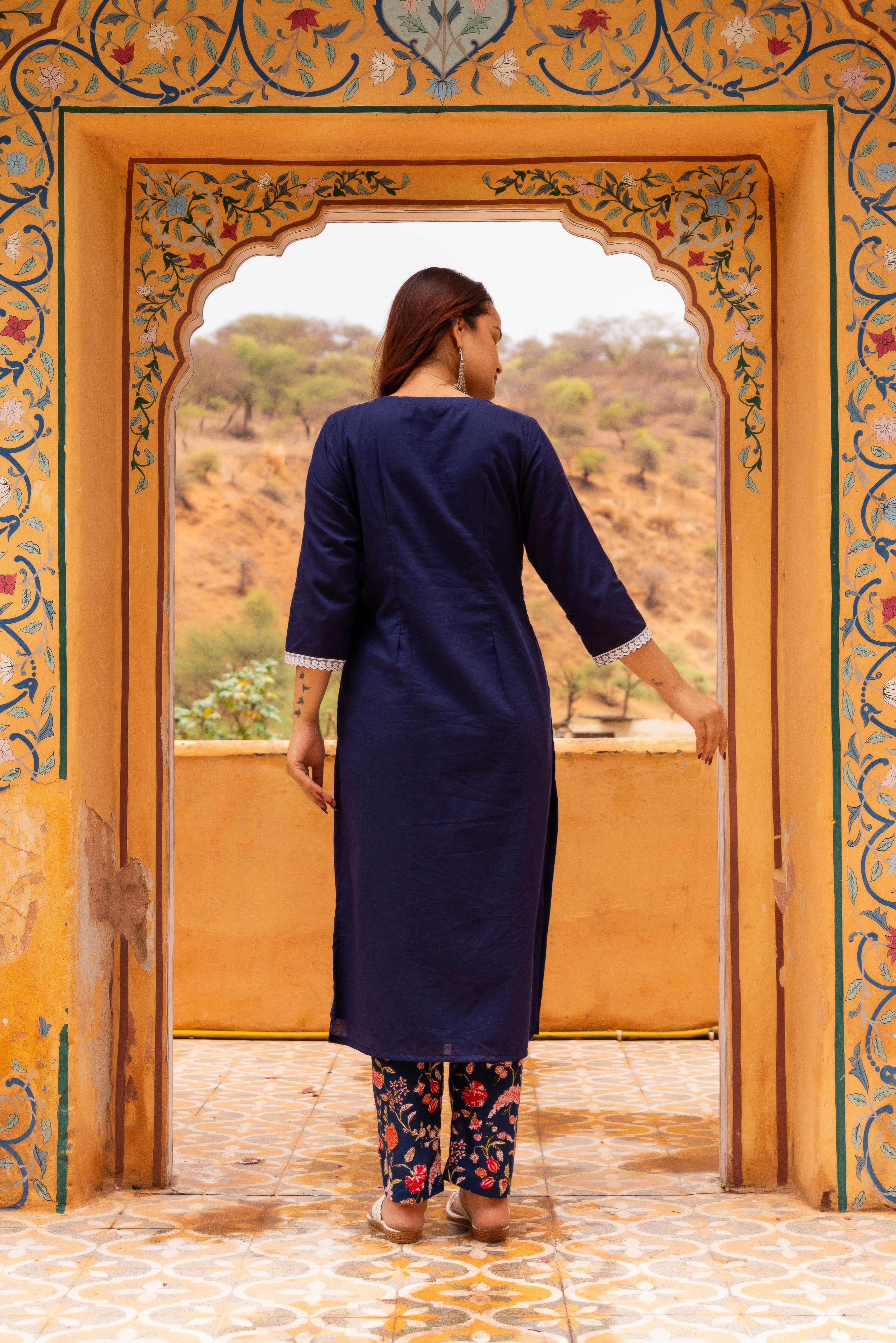 Pomcha Jaipur Gaurangi Royal Blue Printed Pants Cotton Suit Set