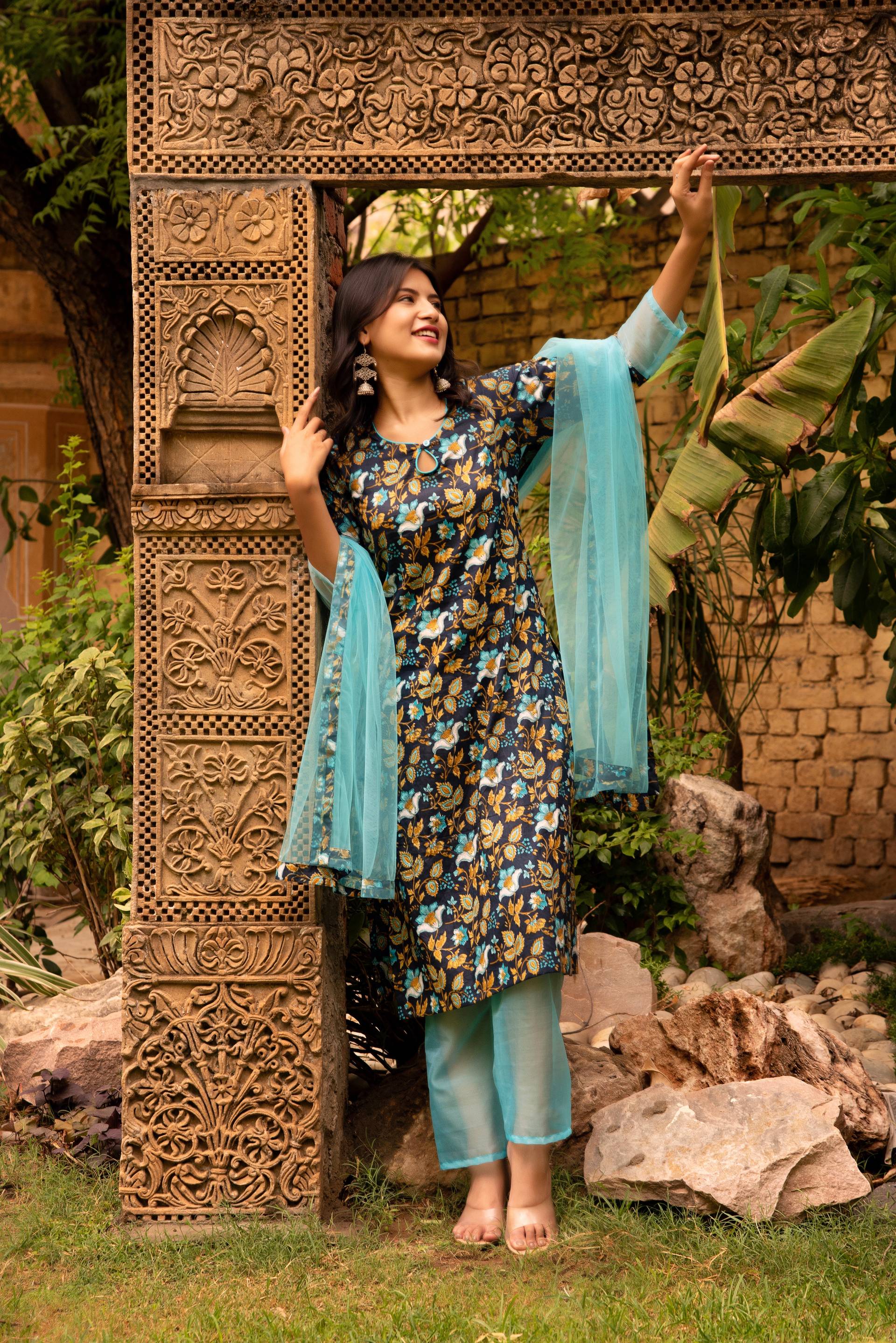 Pomcha Jaipur Gaurangi Blue Phulwari Cotton Suit Set - Distacart