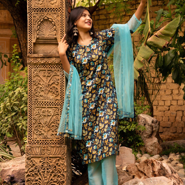 Pomcha Jaipur Gaurangi Blue Phulwari Cotton Suit Set - Distacart