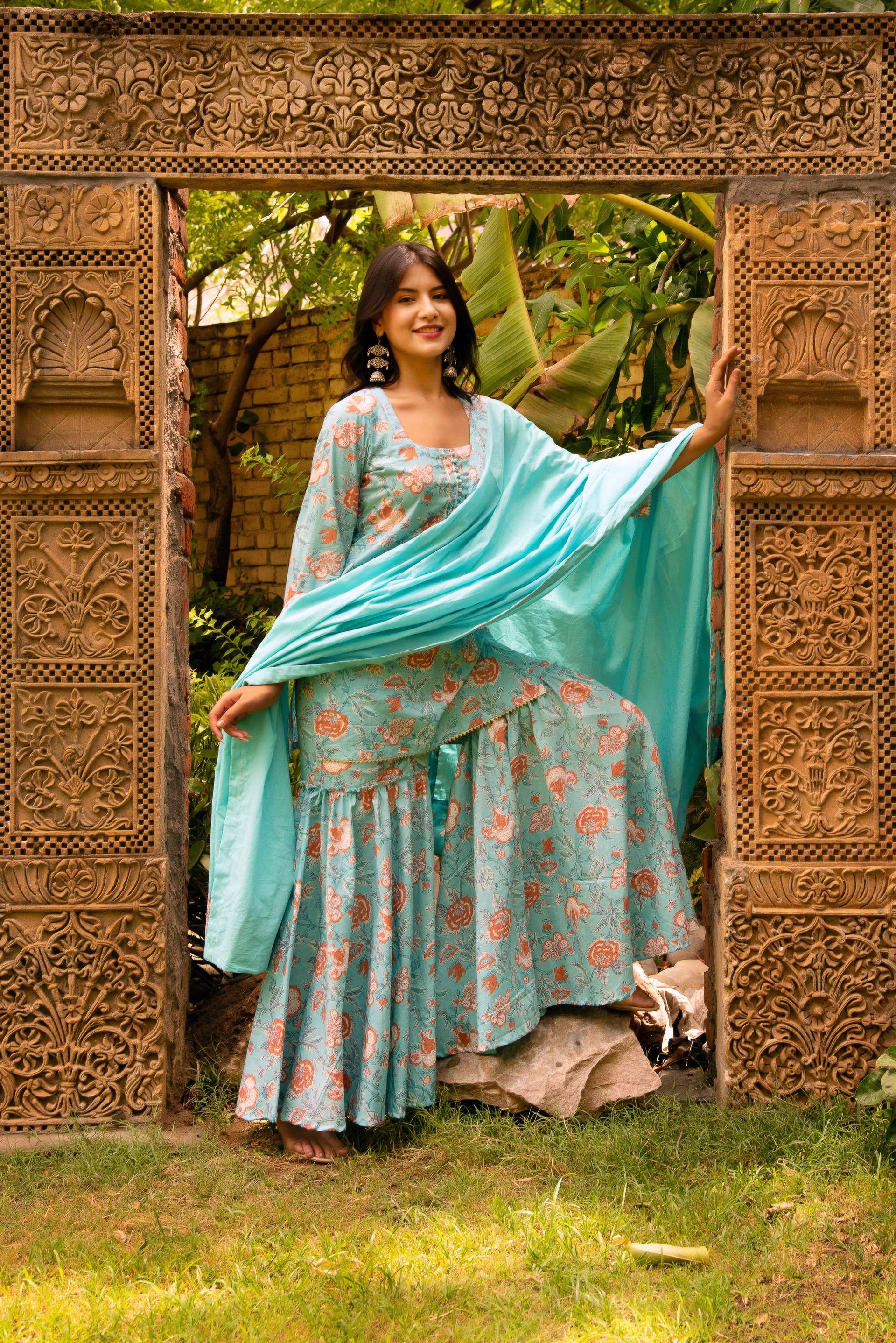 Pomcha Jaipur Gaurangi Chatak Blue Cotton Sharara Set - Distacart