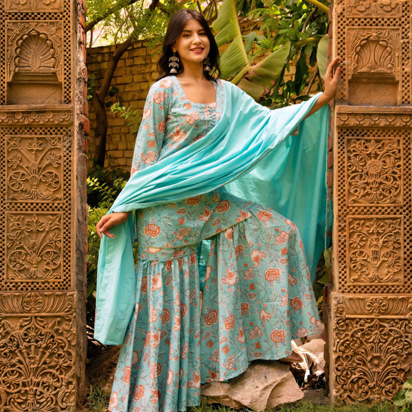 Pomcha Jaipur Gaurangi Chatak Blue Cotton Sharara Set - Distacart