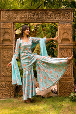 Thumbnail for Pomcha Jaipur Gaurangi Chatak Blue Cotton Sharara Set