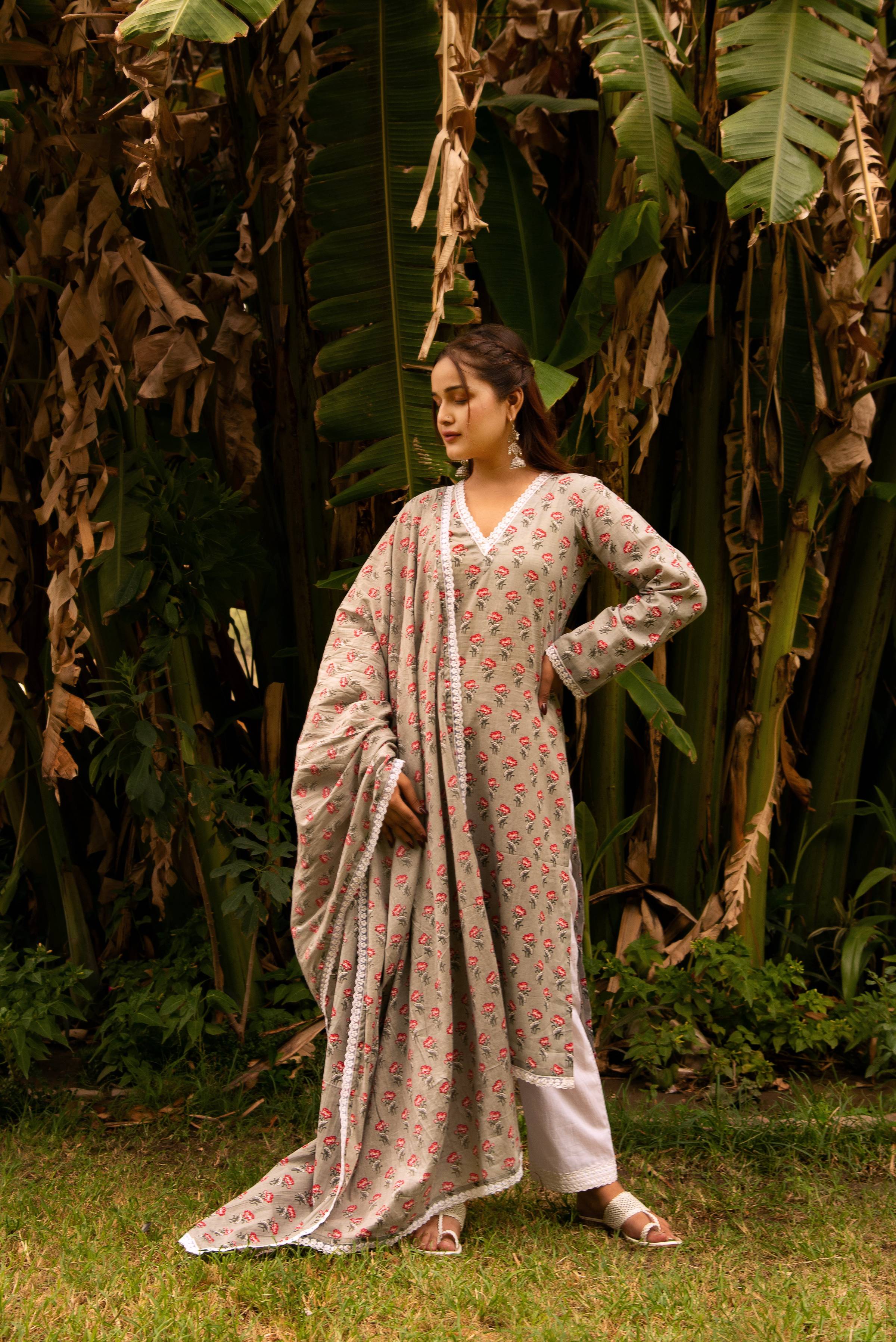 Pomcha Jaipur Gaurangi Grey Ph0Ol Jaal Cotton Suit Set - Distacart