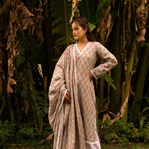 Pomcha Jaipur Gaurangi Grey Ph0Ol Jaal Cotton Suit Set - Distacart