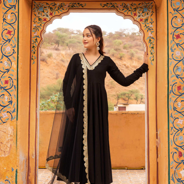 Pomcha Jaipur Gaurangi Black Rose Cotton Anarkali Set - Distacart