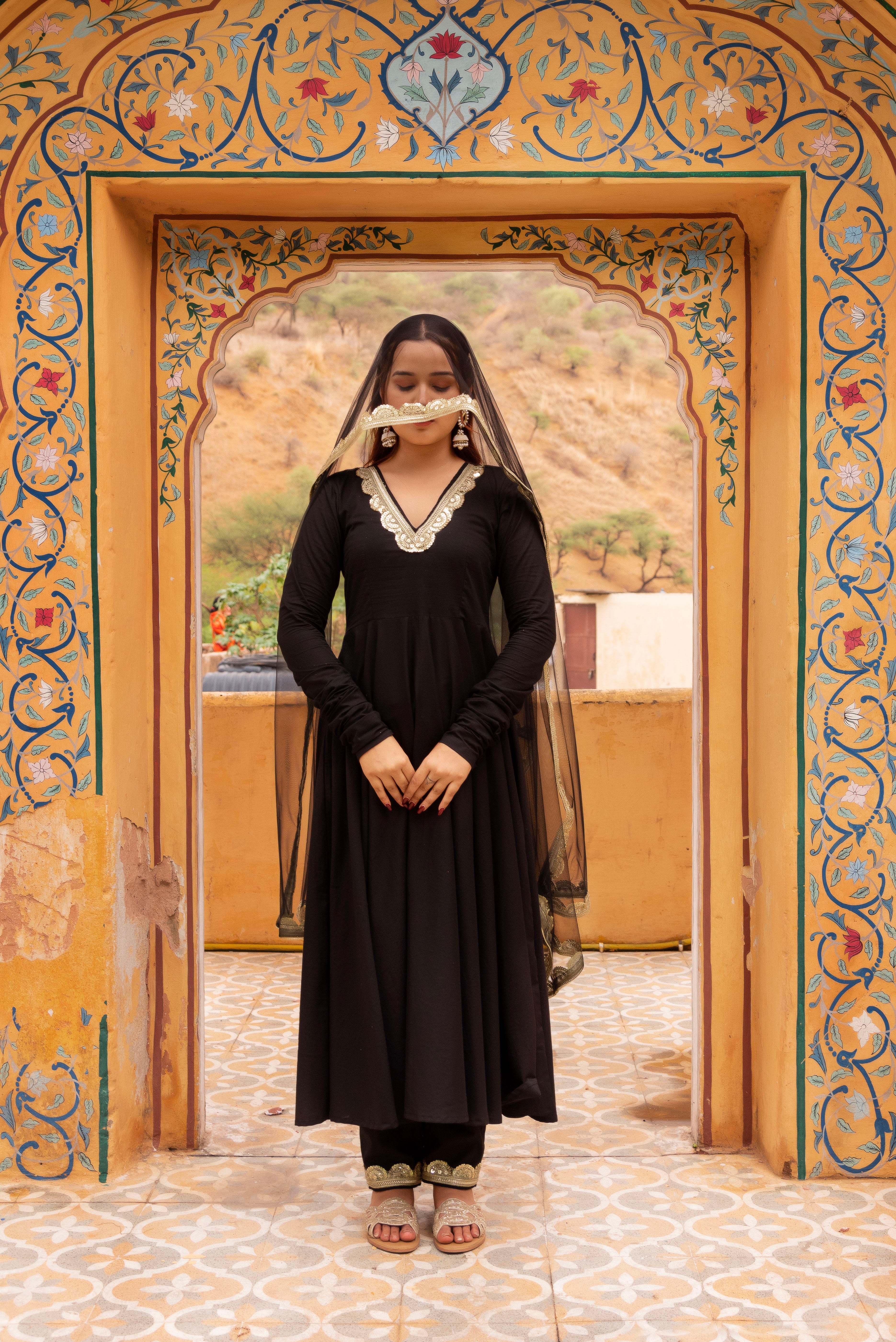 Pomcha Jaipur Gaurangi Black Rose Cotton Anarkali Set