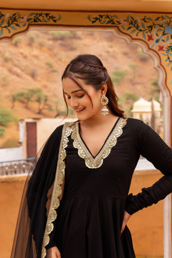 Pomcha Jaipur Gaurangi Black Rose Cotton Anarkali Set