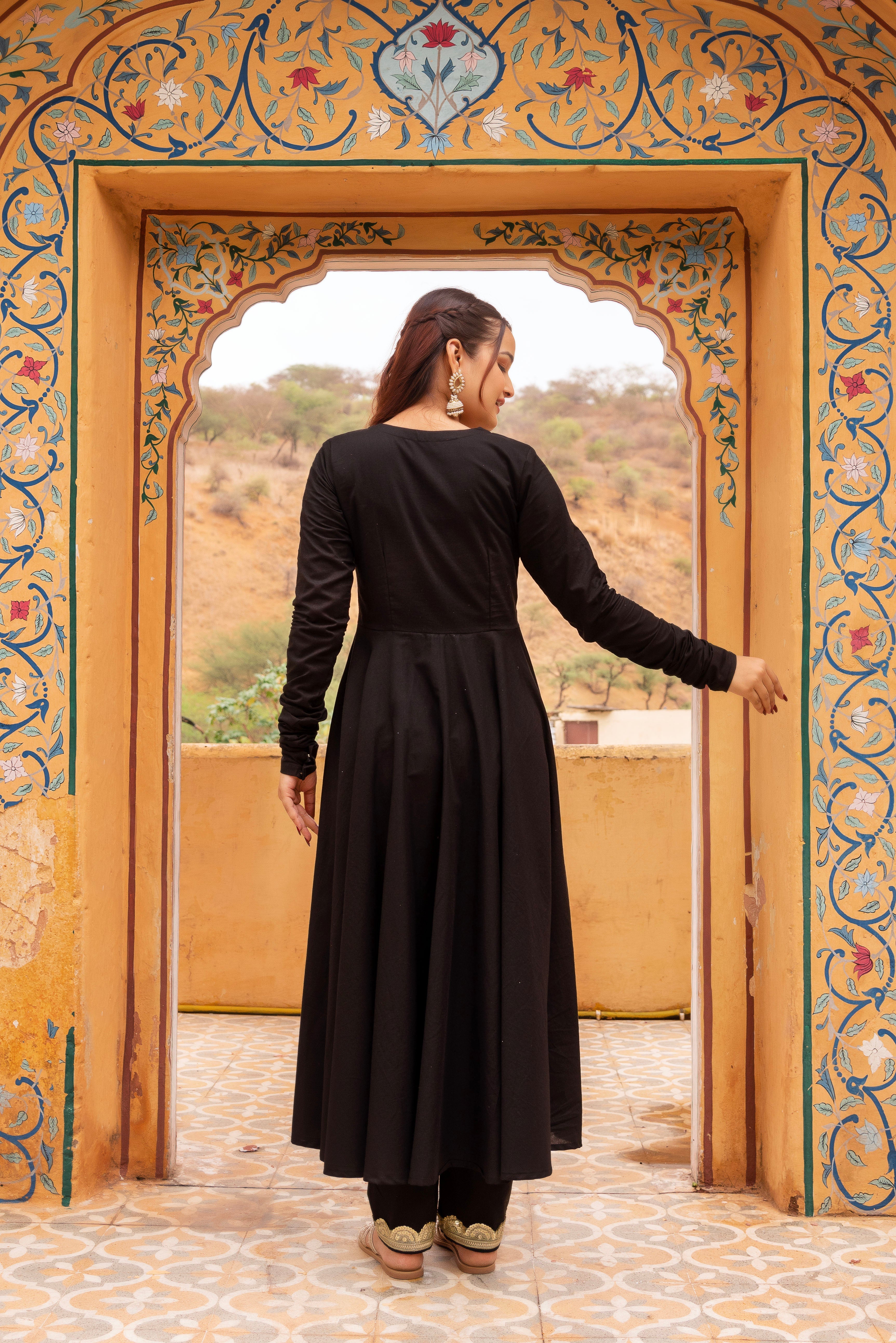 Pomcha Jaipur Gaurangi Black Rose Cotton Anarkali Set