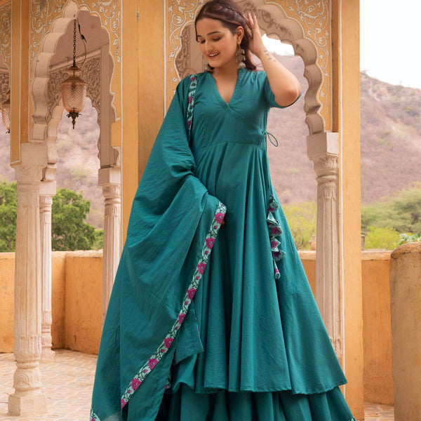 Pomcha Jaipur Gaurangi Teal Green Angrakha Skirt Set - Distacart