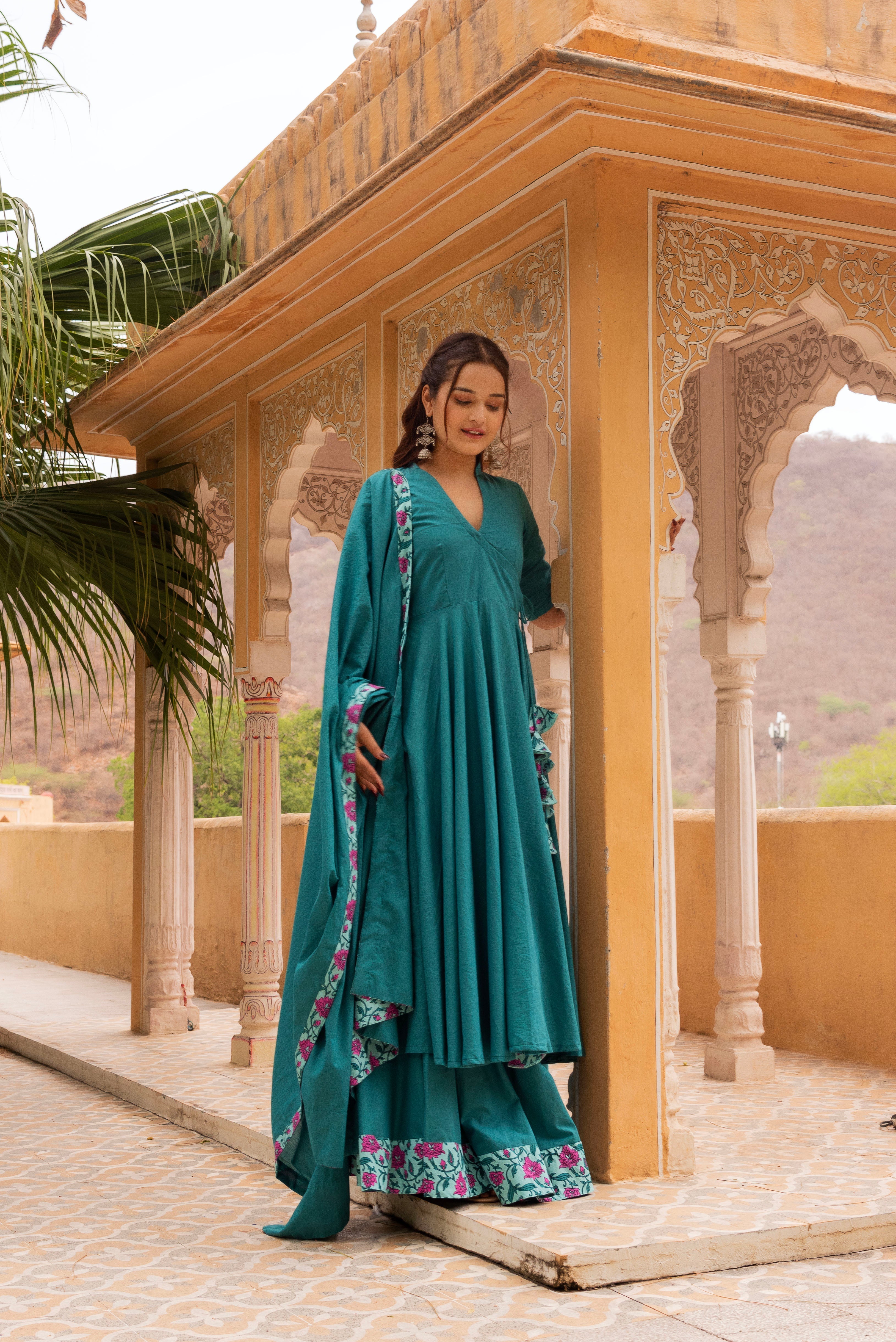 Pomcha Jaipur Gaurangi Teal Green Angrakha Skirt Set