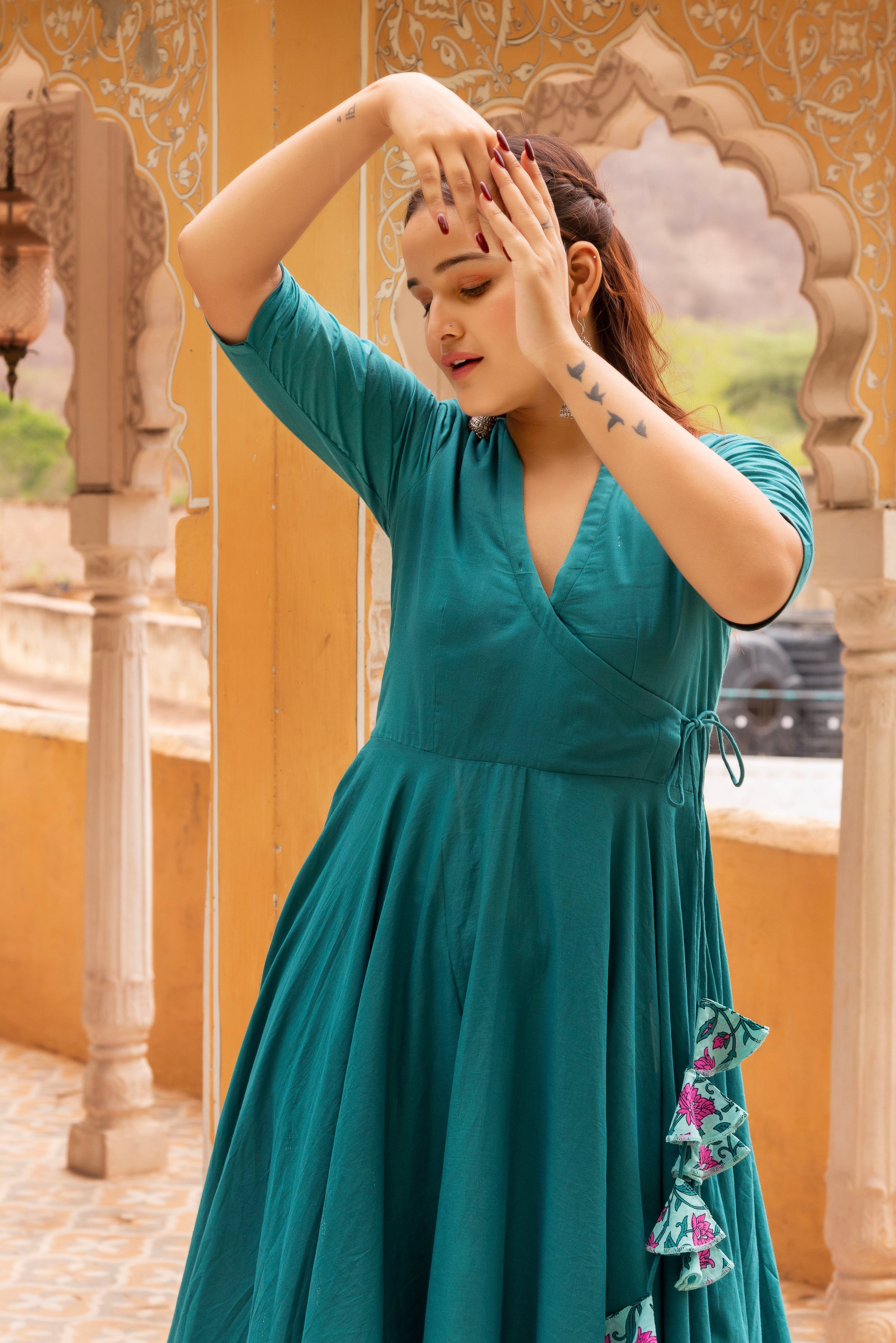 Pomcha Jaipur Gaurangi Teal Green Angrakha Skirt Set