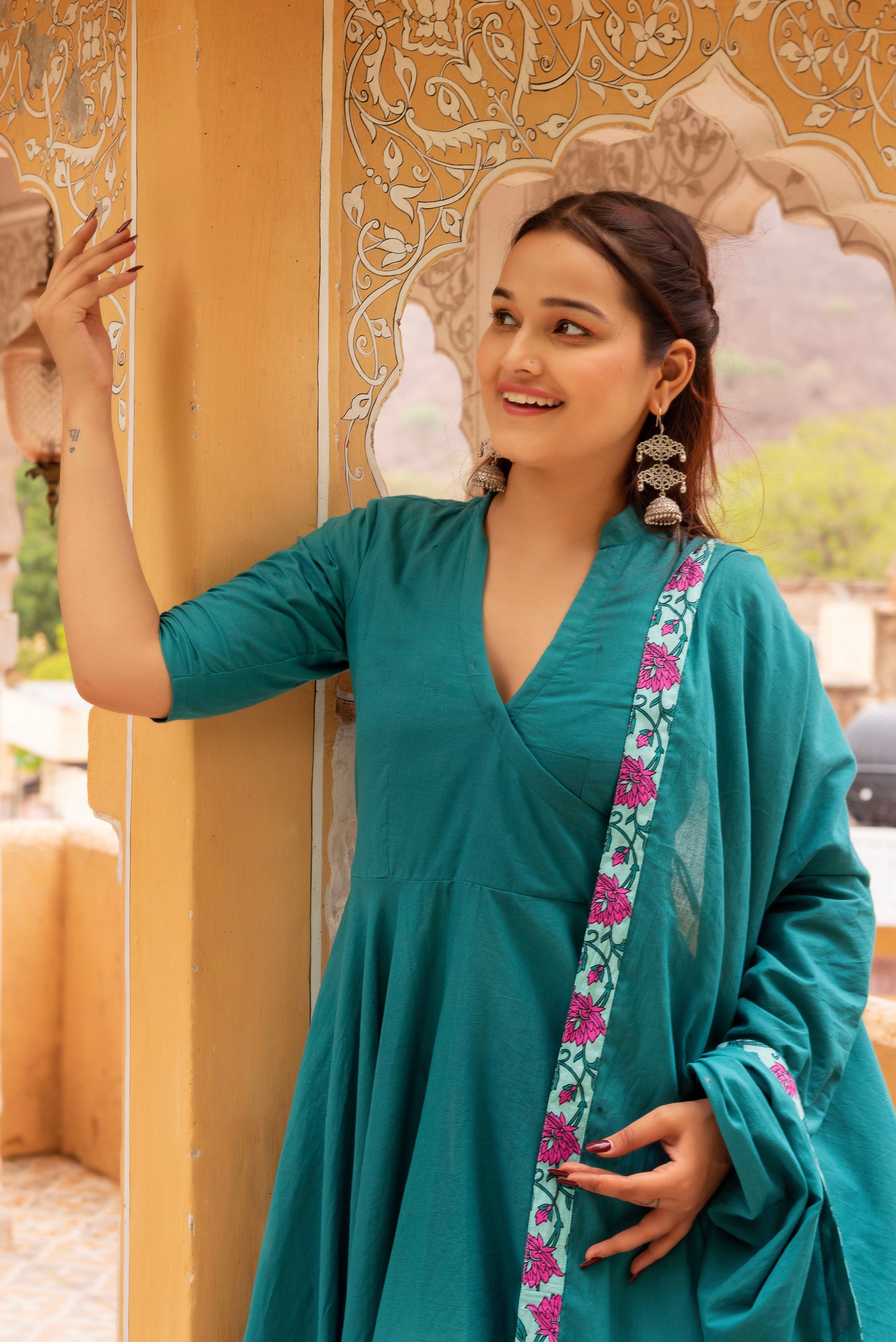 Pomcha Jaipur Gaurangi Teal Green Angrakha Skirt Set