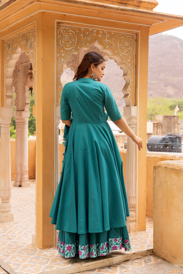 Pomcha Jaipur Gaurangi Teal Green Angrakha Skirt Set