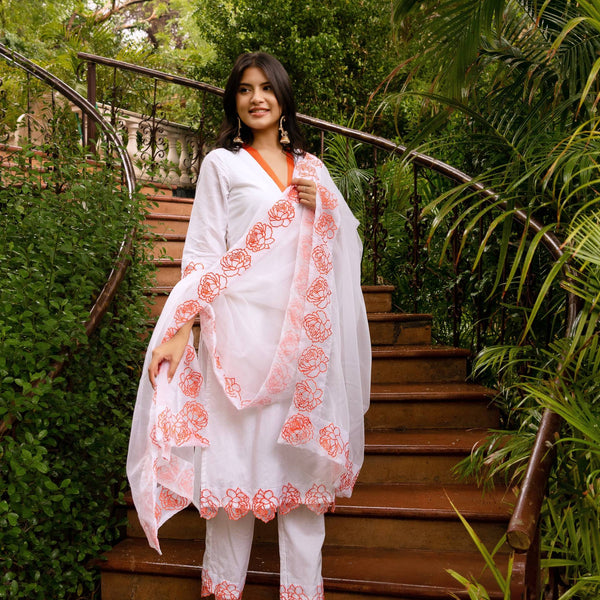 Pomcha Jaipur Gaurangi Ruhani White Embroidery Suit Set - Distacart