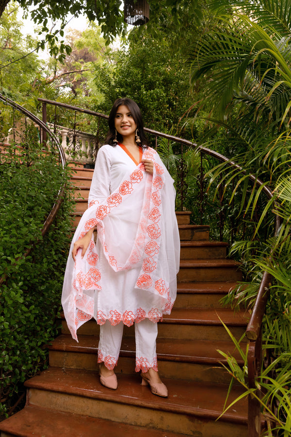 Pomcha Jaipur Gaurangi Ruhani White Embroidery Suit Set