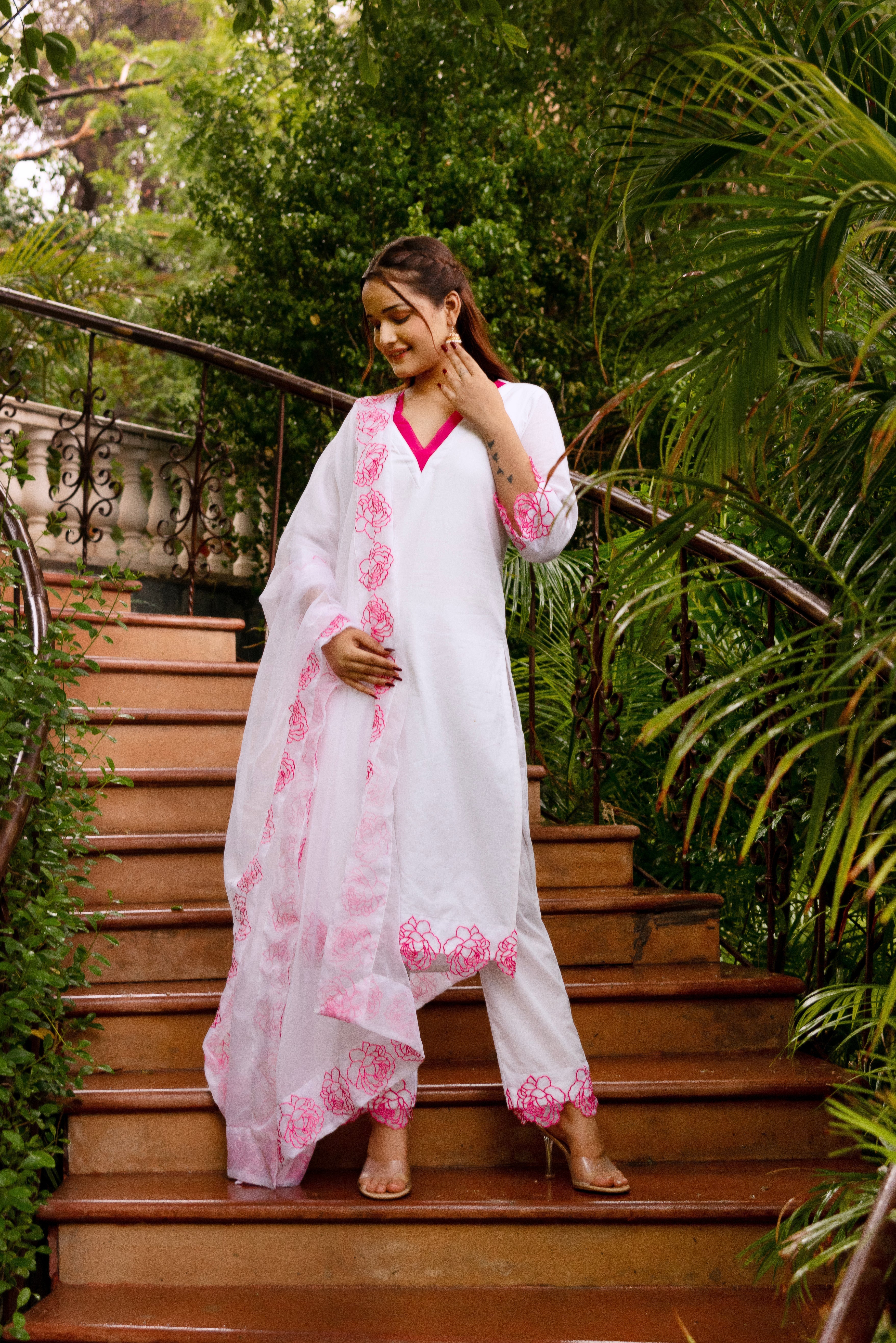 Pomcha Jaipur Gaurangi Ruzma White Embroidery Cotton Suit Set
