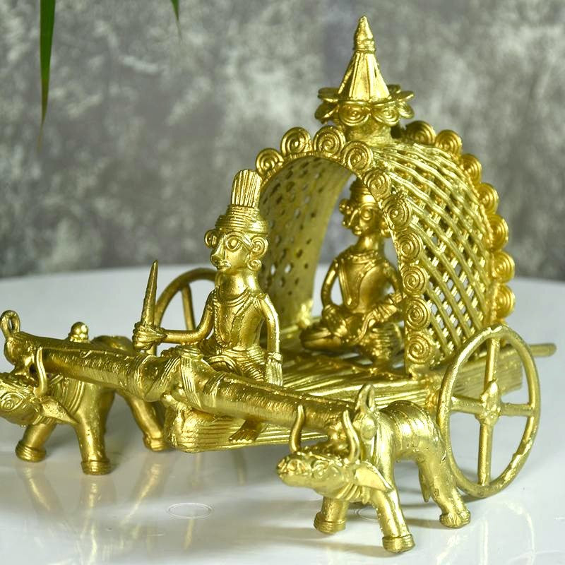 Sowpeace Handmade Dhokra Large Dhokra Craft / Cow Cart Brass Decor tabletop showpiece/figurine made of brass, by artisans, for home decoration and gifting (24cm, large, gold)