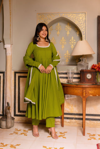 Pomcha Jaipur Gaurangi Green Embroidery Cotton Anarkali Set