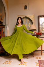 Thumbnail for Pomcha Jaipur Gaurangi Green Embroidery Cotton Anarkali Set