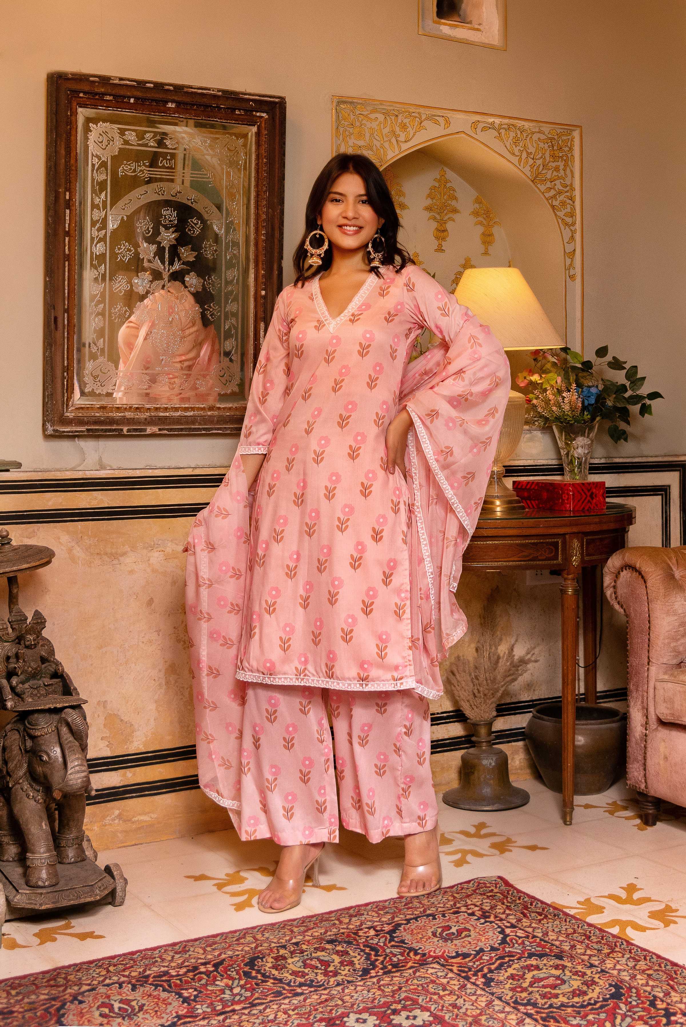 Pomcha Jaipur Gaurangi Peach Muslin Printed Suit Set - Distacart