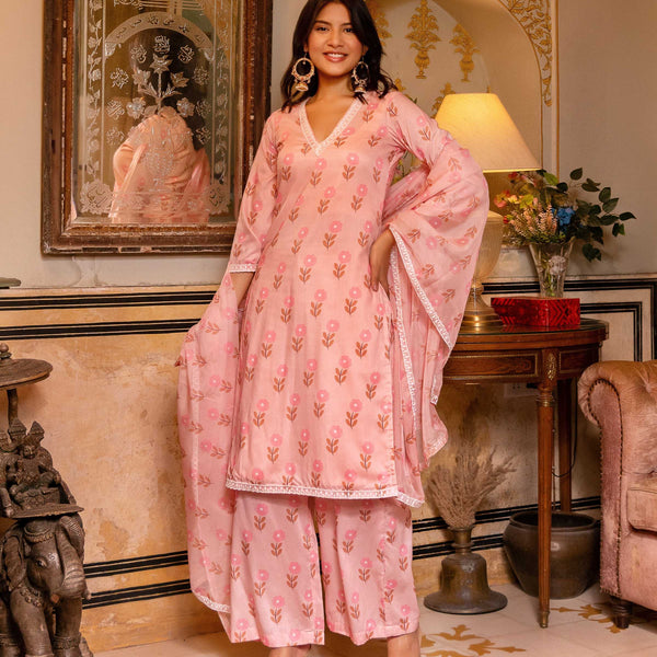 Pomcha Jaipur Gaurangi Peach Muslin Printed Suit Set - Distacart