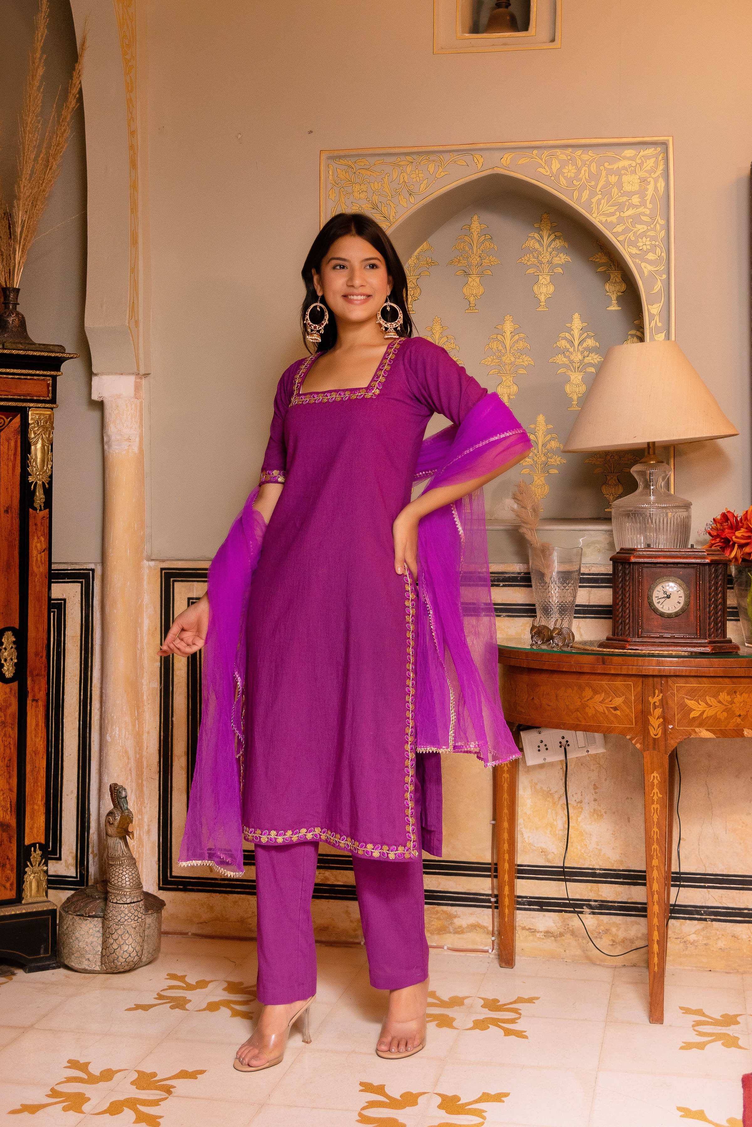 Pomcha Jaipur Gaurangi Purple Gota Lace Embroidery Suit Set - Distacart
