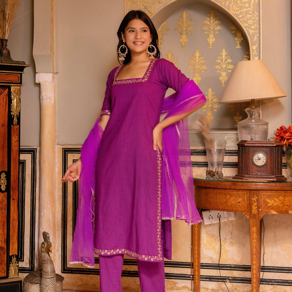 Pomcha Jaipur Gaurangi Purple Gota Lace Embroidery Suit Set - Distacart