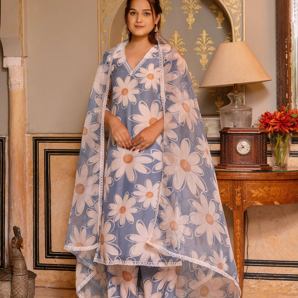 Pomcha Jaipur Gaurangi White Phool Powder Blue Muslin Suit Set - Distacart