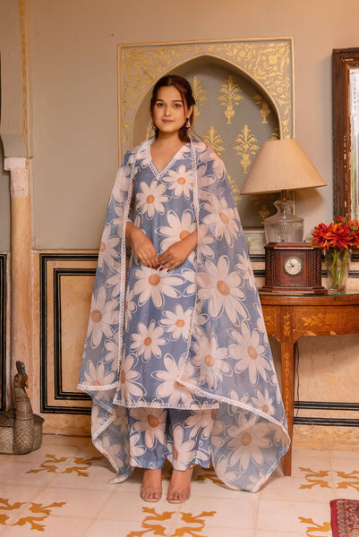 Pomcha Jaipur Gaurangi White Phool Powder Blue Muslin Suit Set
