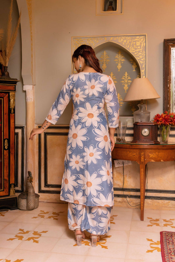 Pomcha Jaipur Gaurangi White Phool Powder Blue Muslin Suit Set