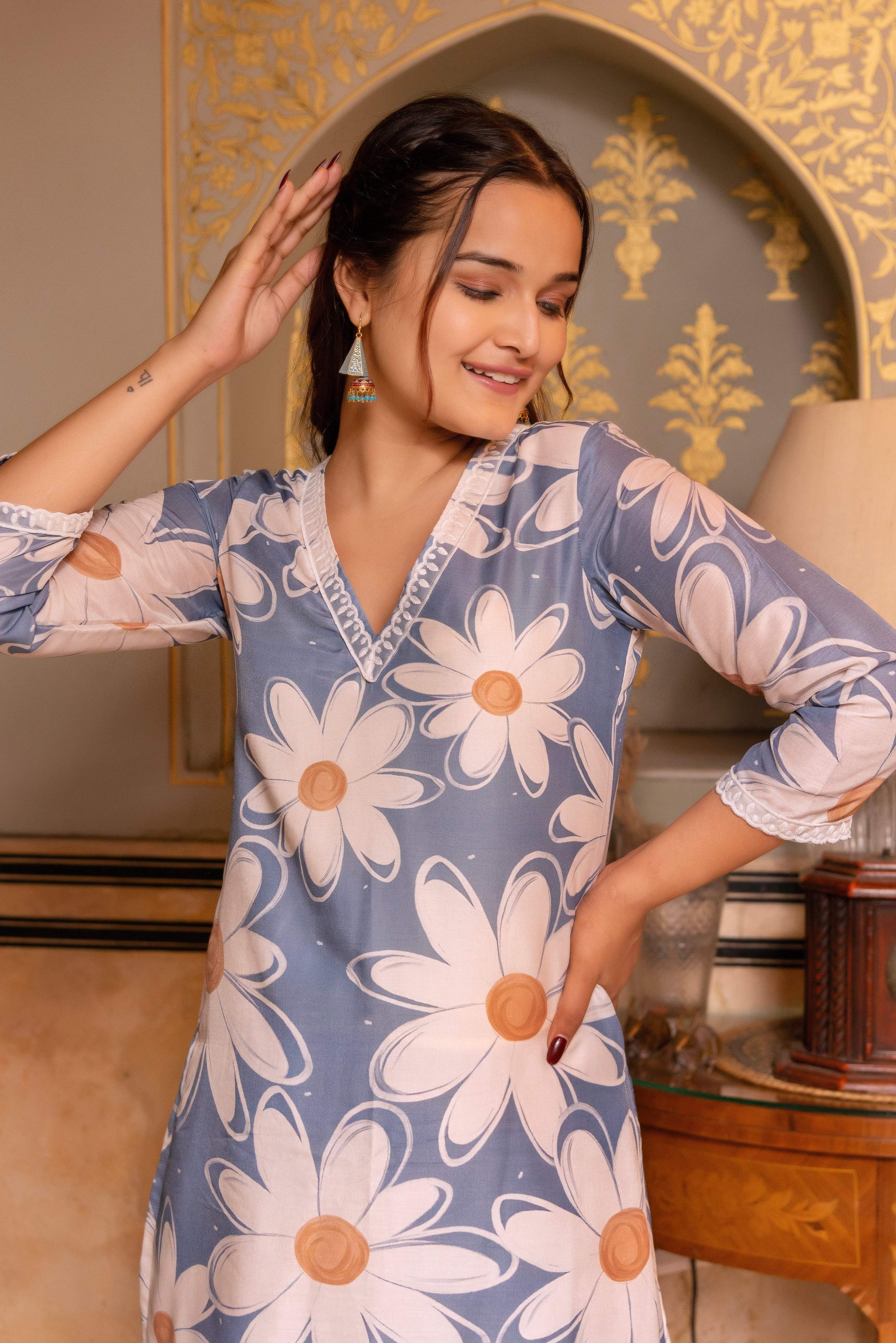 Pomcha Jaipur Gaurangi White Phool Powder Blue Muslin Suit Set