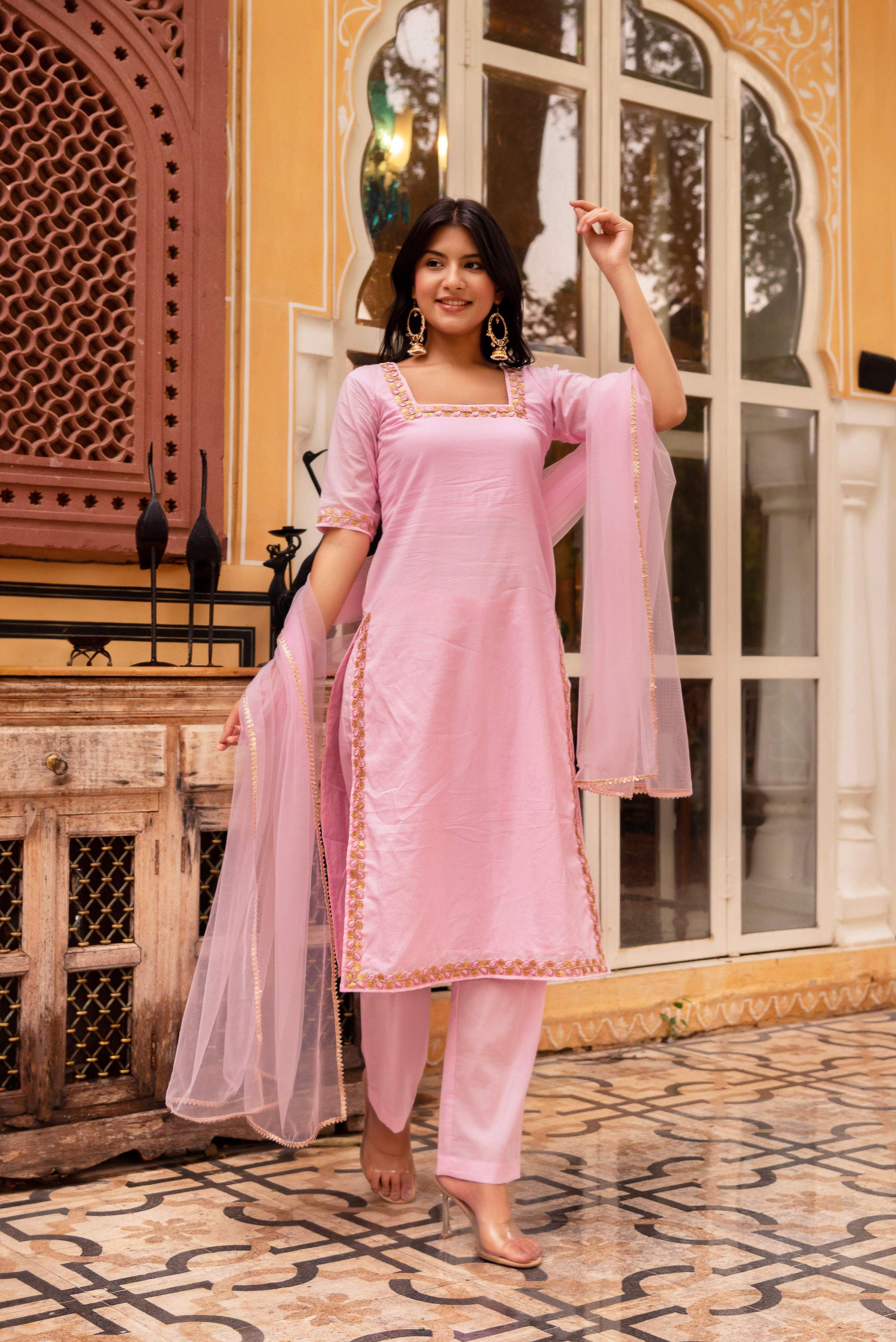 Pomcha Jaipur Gaurangi Bhumika Pink Embroidery Cotton Suit Set - Distacart