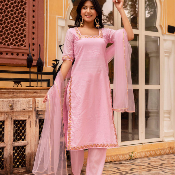 Pomcha Jaipur Gaurangi Bhumika Pink Embroidery Cotton Suit Set - Distacart