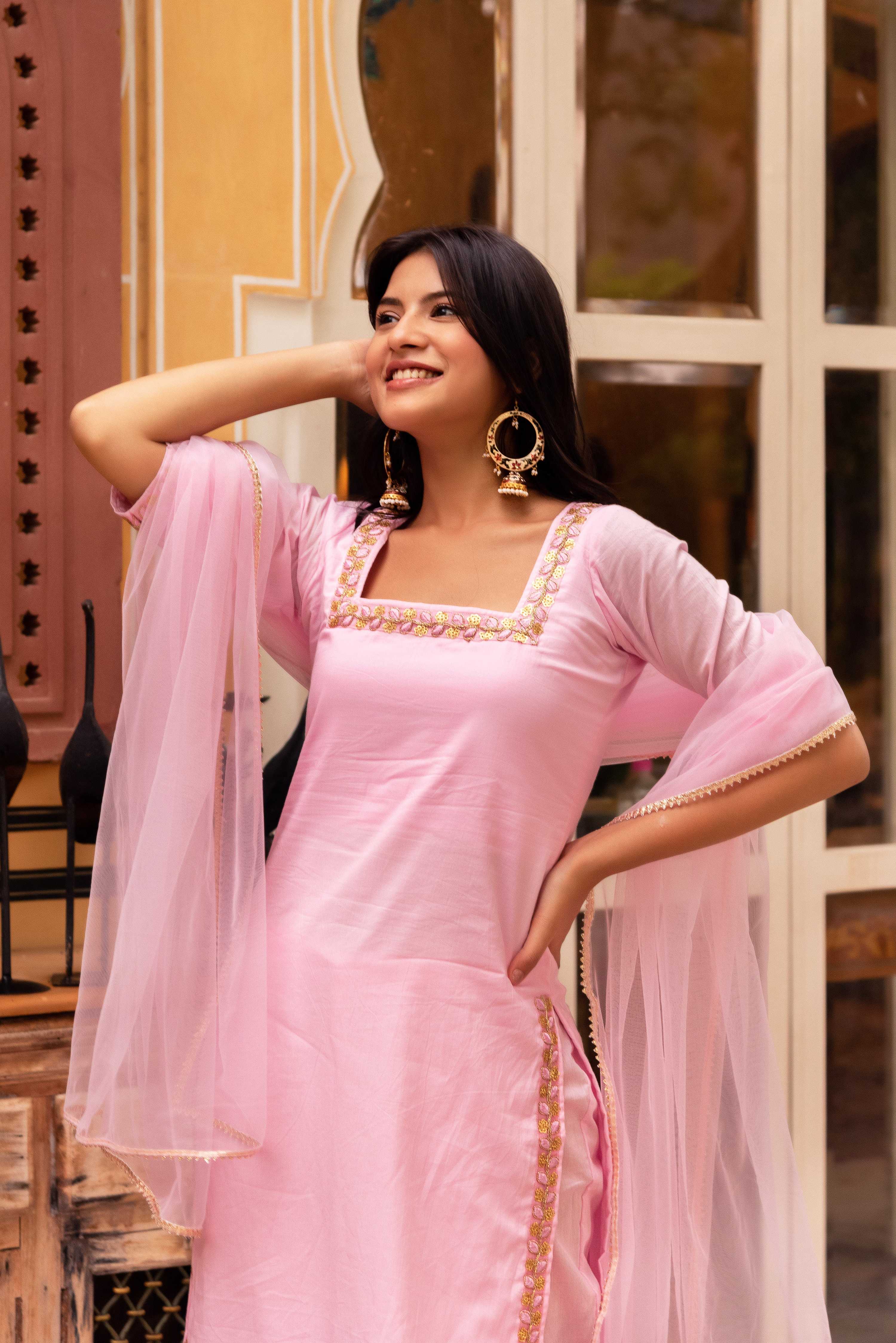 Pomcha Jaipur Gaurangi Bhumika Pink Embroidery Cotton Suit Set - Distacart
