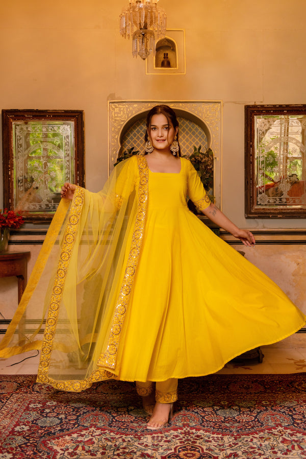 Pomcha Jaipur Gaurangi Yellow Gota Lace Embroidery Cotton Anarkali Set