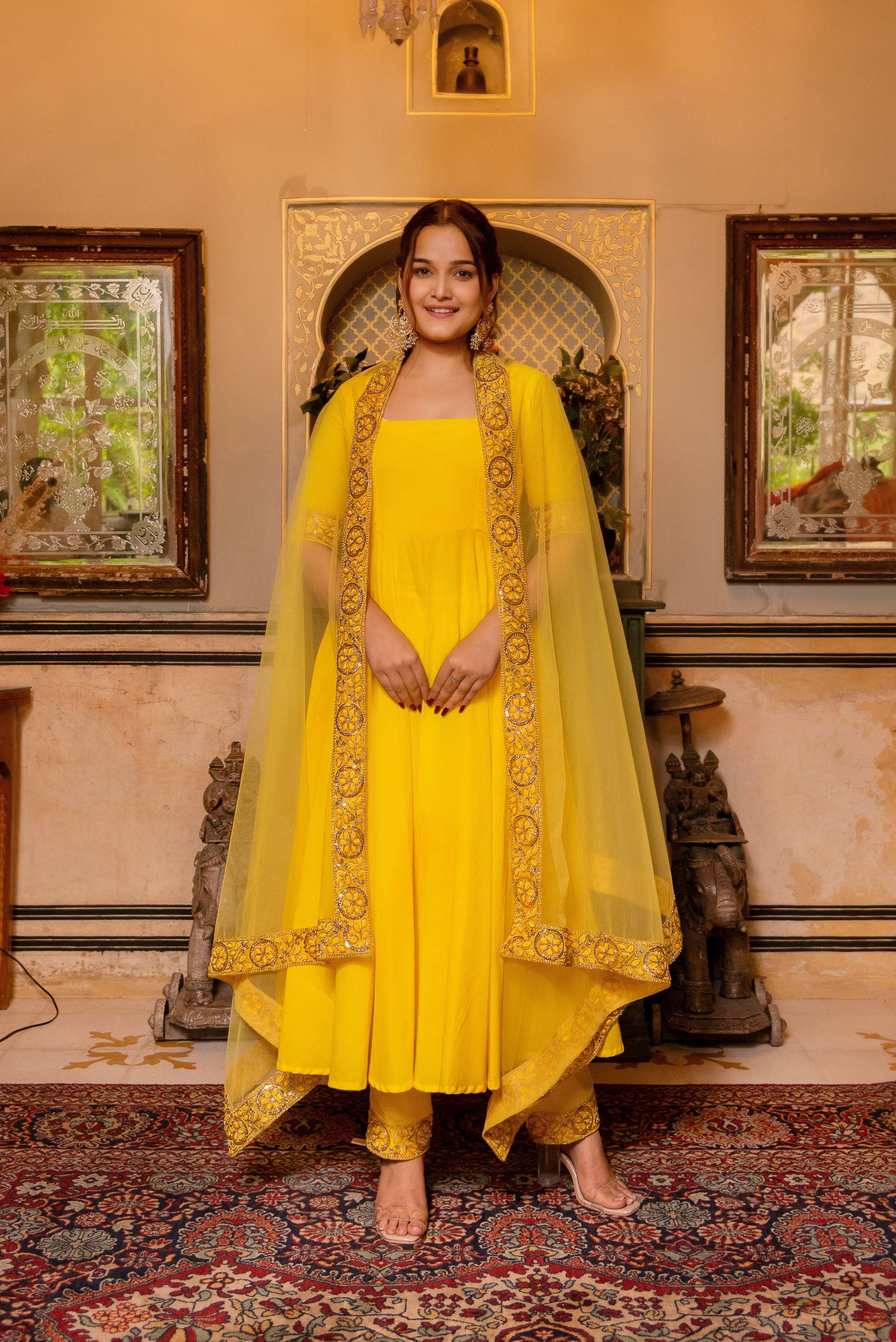 Pomcha Jaipur Gaurangi Yellow Gota Lace Embroidery Cotton Anarkali Set - Distacart