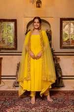 Thumbnail for Pomcha Jaipur Gaurangi Yellow Gota Lace Embroidery Cotton Anarkali Set