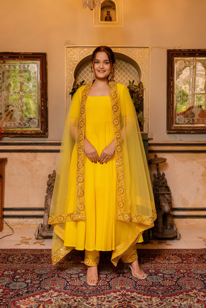 Pomcha Jaipur Gaurangi Yellow Gota Lace Embroidery Cotton Anarkali Set