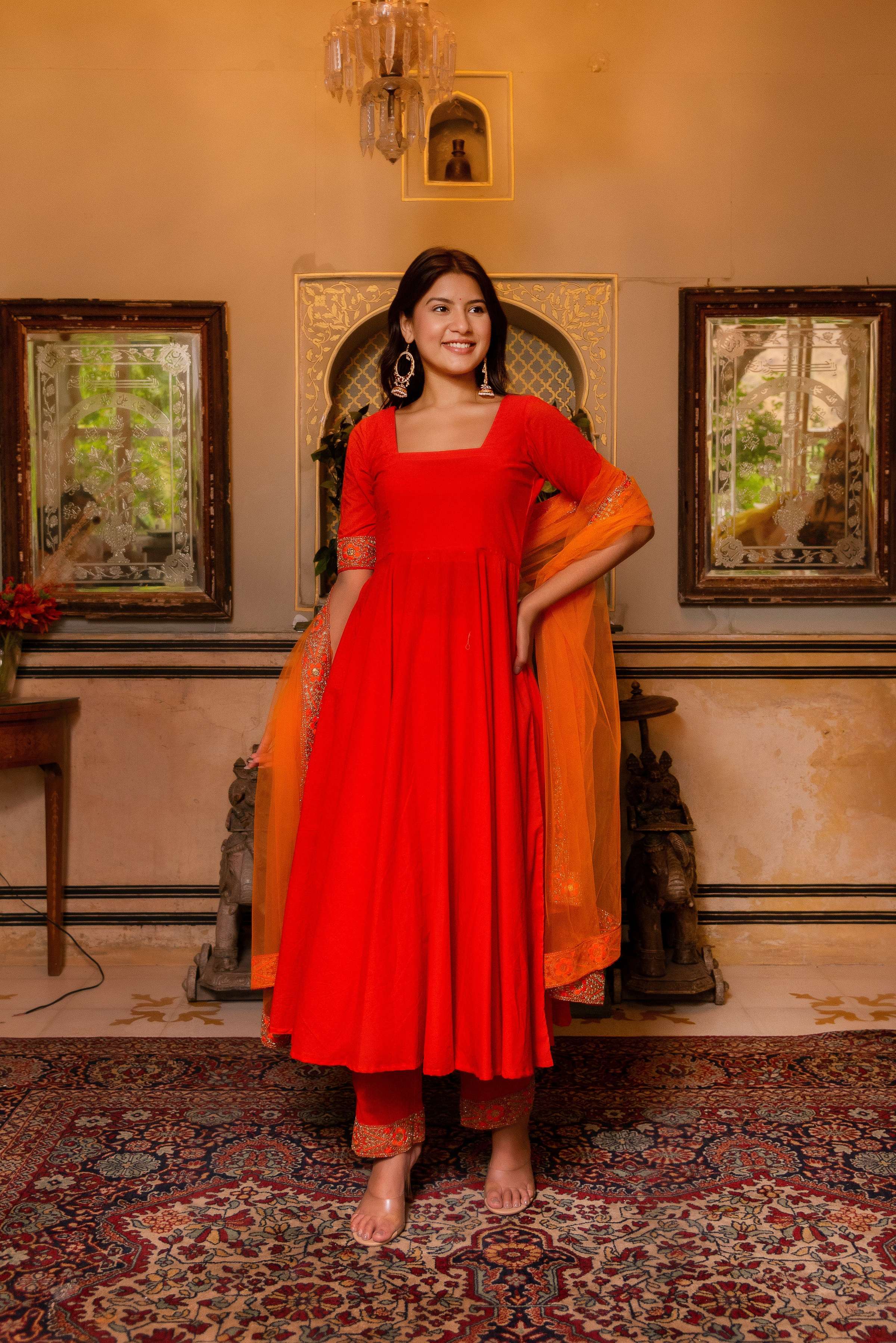 Pomcha Jaipur Gaurangi Orange Gota Embroidery Cotton Anarkali Set - Distacart