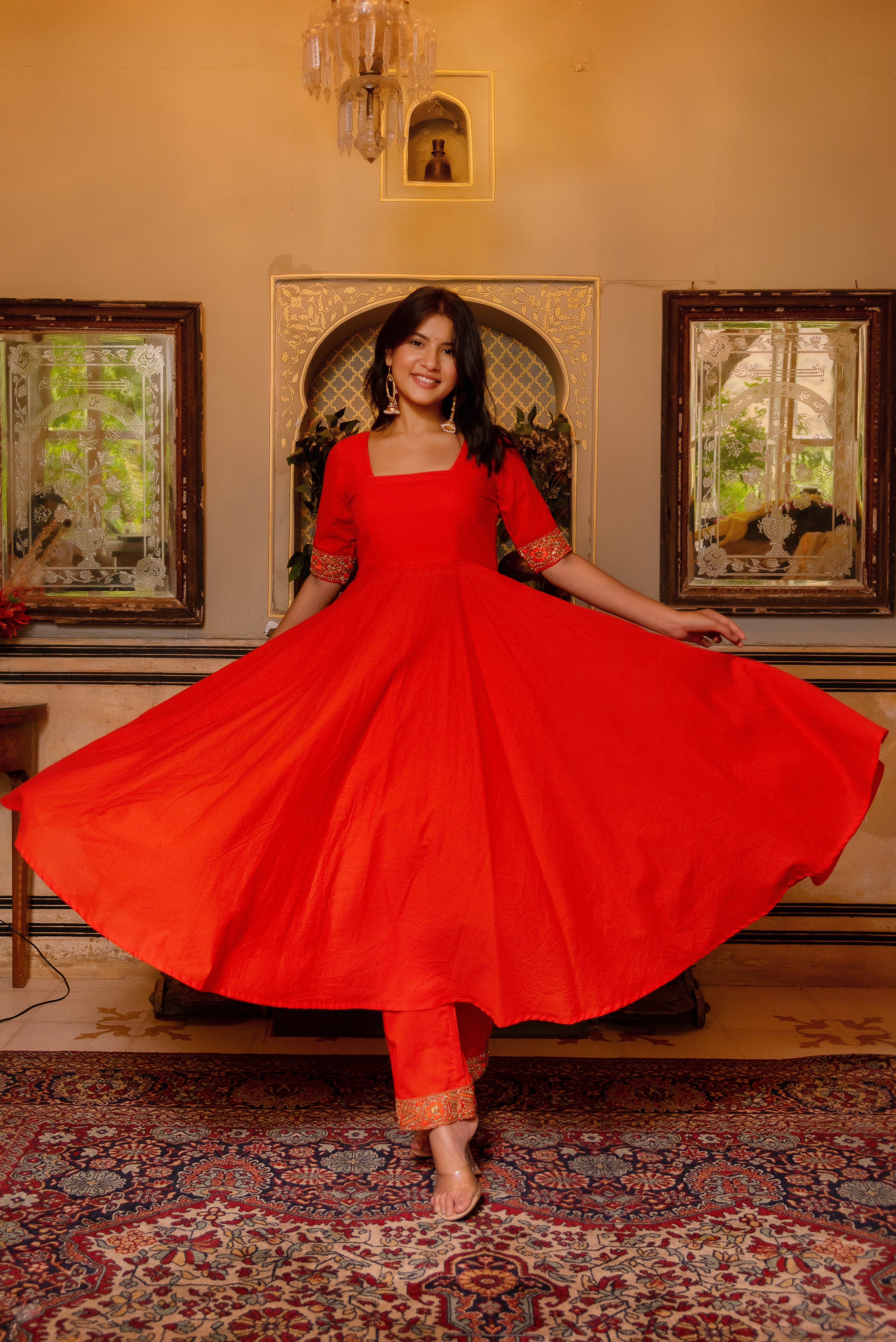 Pomcha Jaipur Gaurangi Orange Gota Embroidery Cotton Anarkali Set