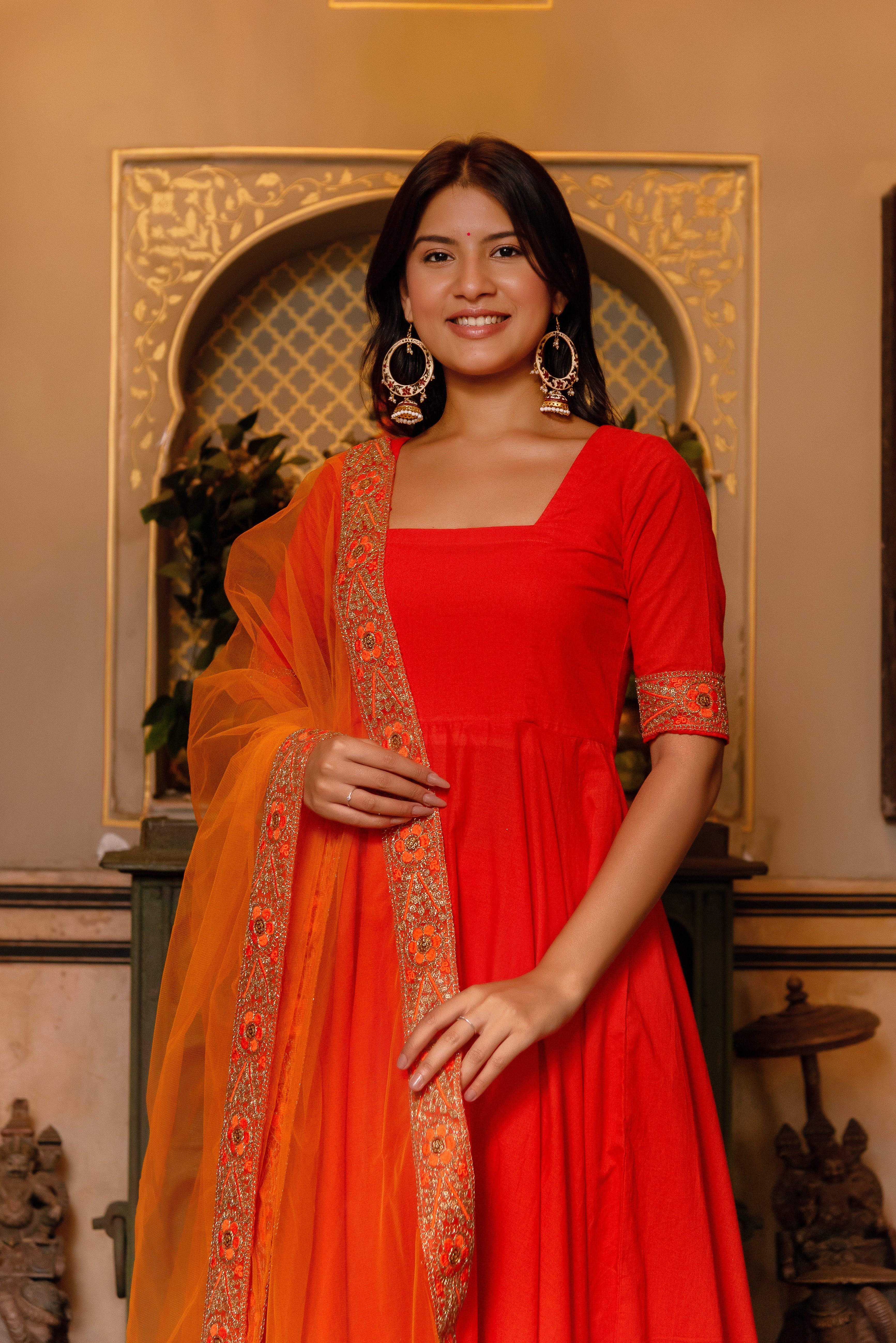 Pomcha Jaipur Gaurangi Orange Gota Embroidery Cotton Anarkali Set