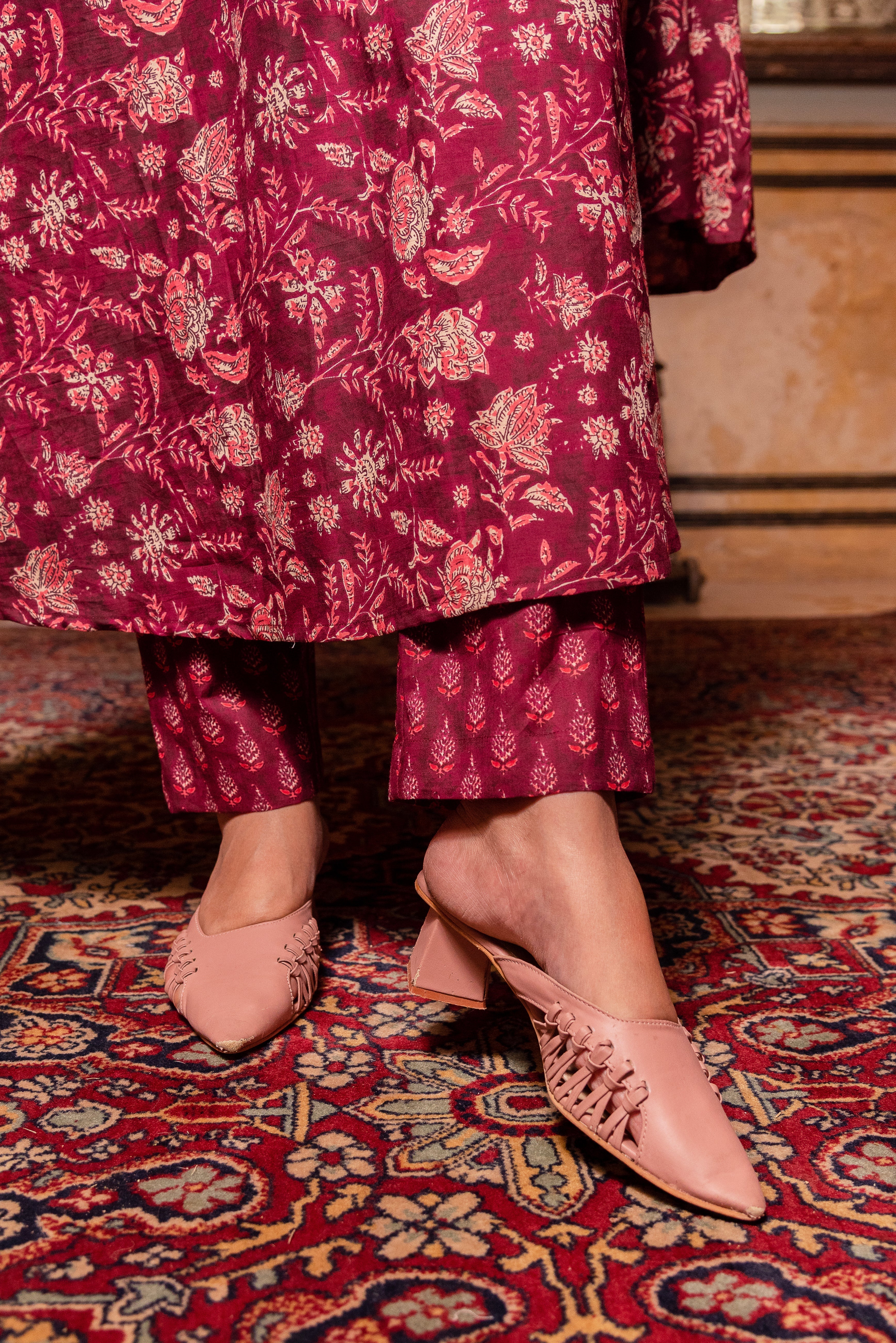 Pomcha Jaipur Gaurangi Maroon Hand Block Print Cotton Anarkali Set