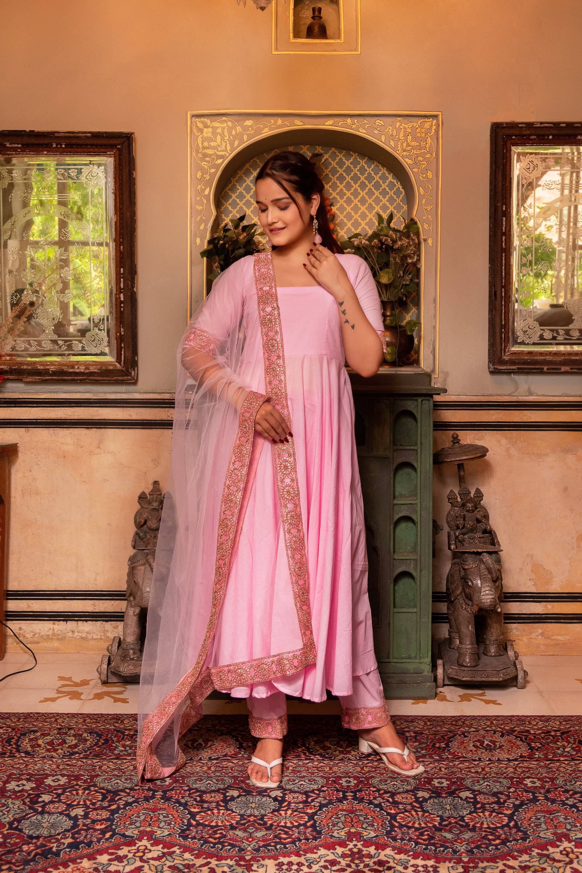 Pomcha Jaipur Gaurangi Pink Gota Lace Embroidery Cotton Anarkali Set - Distacart