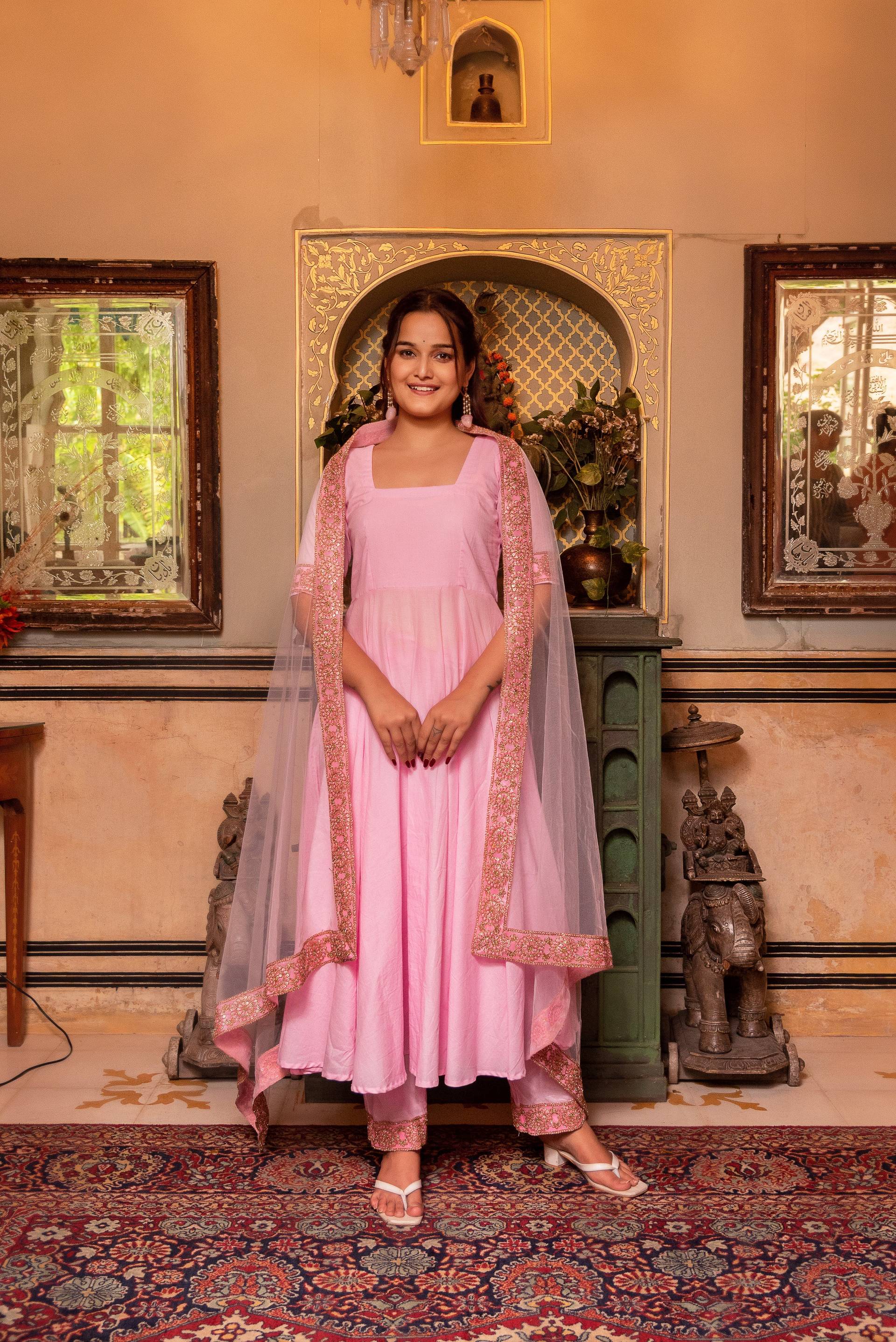 Pomcha Jaipur Gaurangi Pink Gota Lace Embroidery Cotton Anarkali Set - Distacart