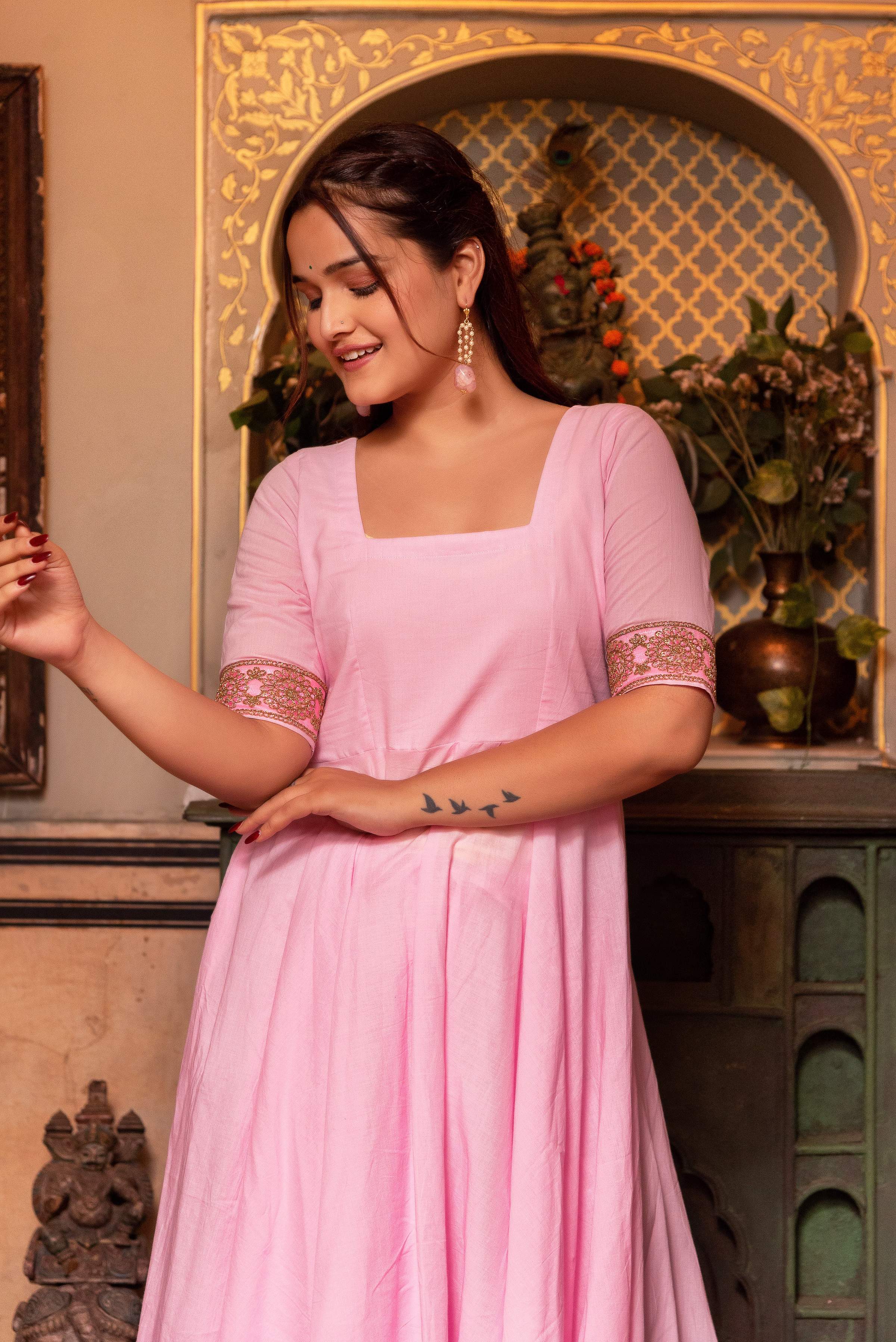 Pomcha Jaipur Gaurangi Pink Gota Lace Embroidery Cotton Anarkali Set