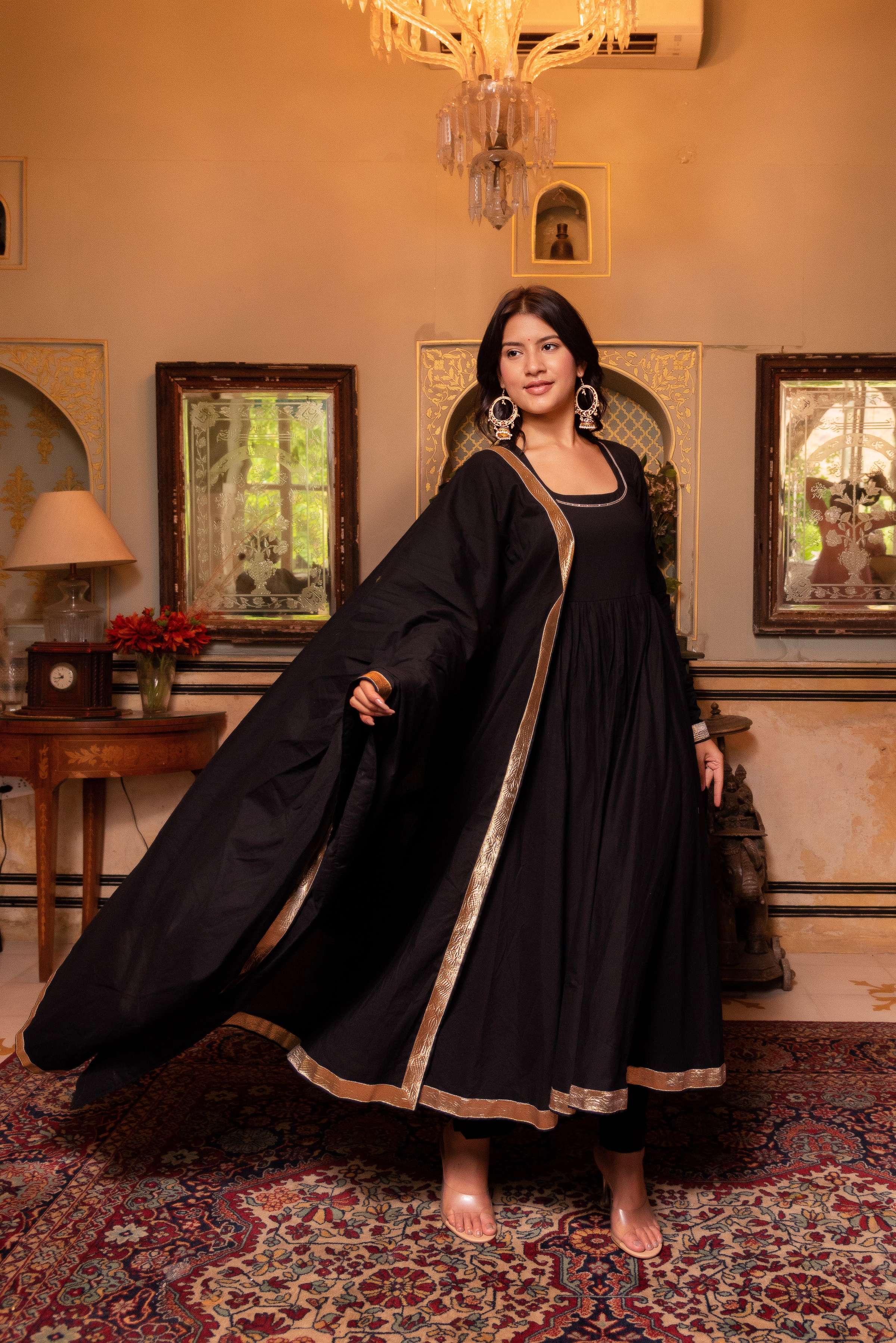 Pomcha Jaipur Gaurangi Aarya Black Cotton Anarkali Set - Distacart
